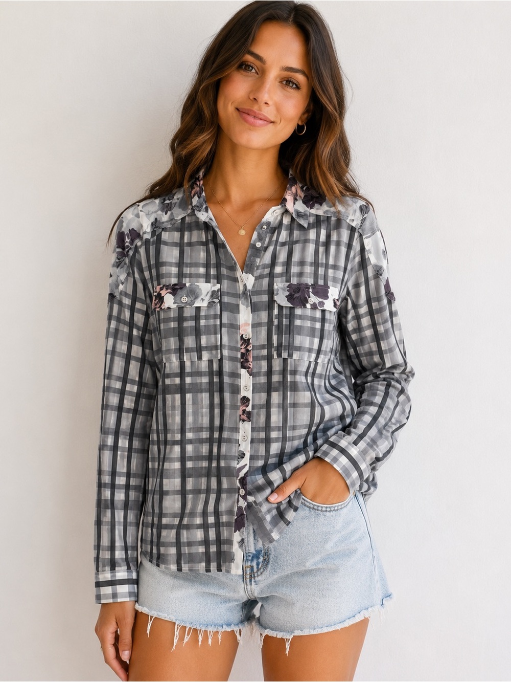 Paige Sheer Plaid Floral Button Up Blouse Size Large‎